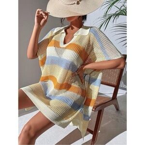 Maeve Anthropologie Striped Knit Crochet Coastal Swim Cover Up Tunic Beach Dress